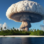 "A serene image contrasting the natural beauty of the Marshall Islands with looming atomic mushroom clouds on the horizon, symbolizing the nuclear tests and their impact on the environment and local communities."
